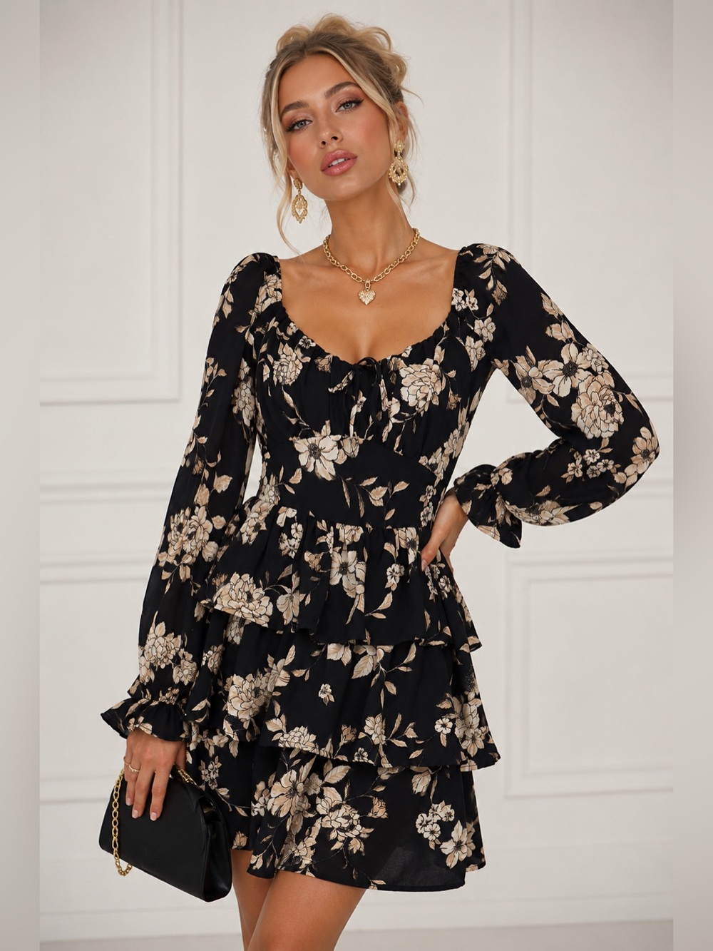 Inspired Hearts <3 Floral Tiered Dark Bohemian Mini Dress